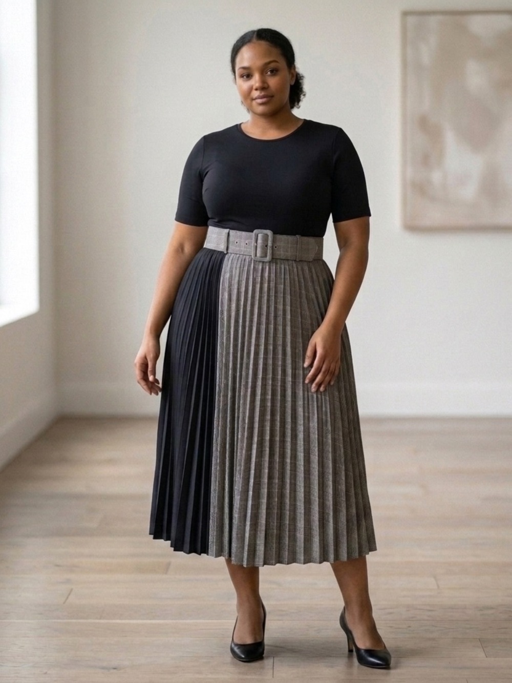 Monroe & Main Two-Tone Pleated Midi Skirt with Belt - Black, Gray, Subtle Green